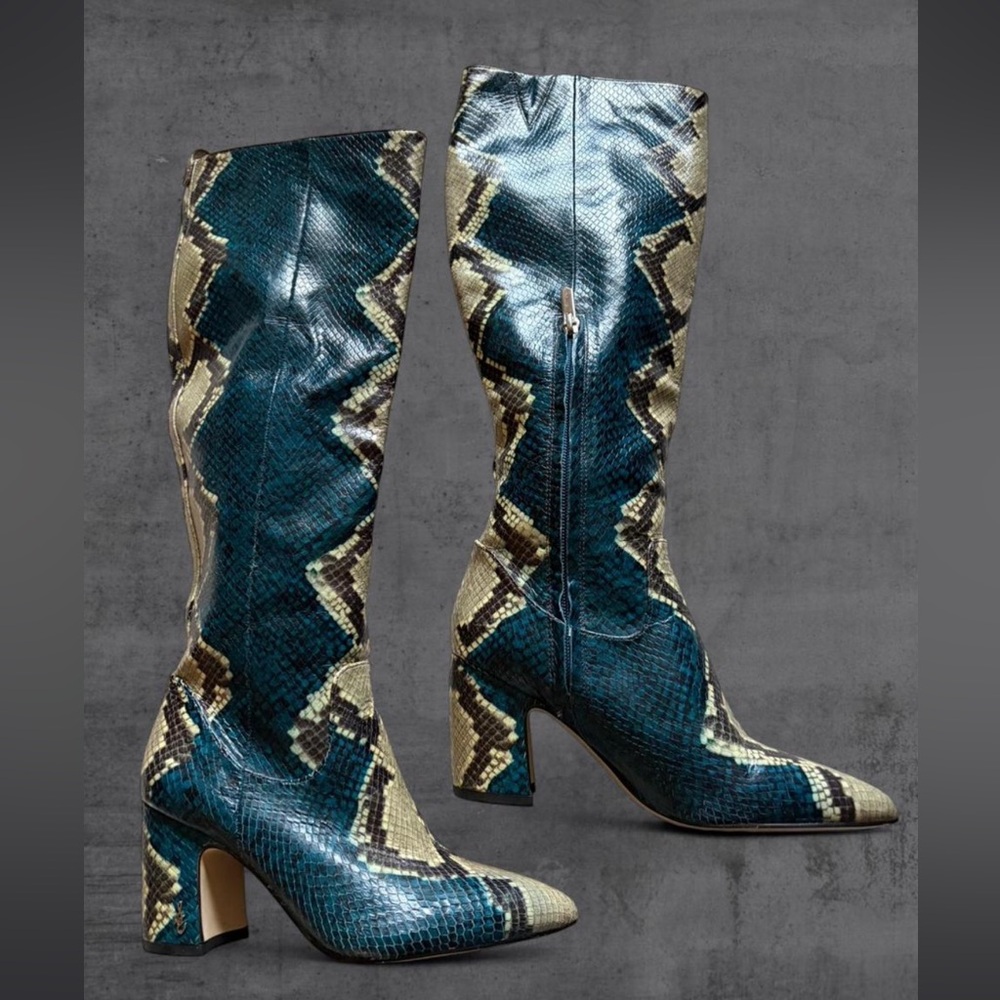 Sam Edelman Knee High Faux Snakeskin Teal Heeled Boots